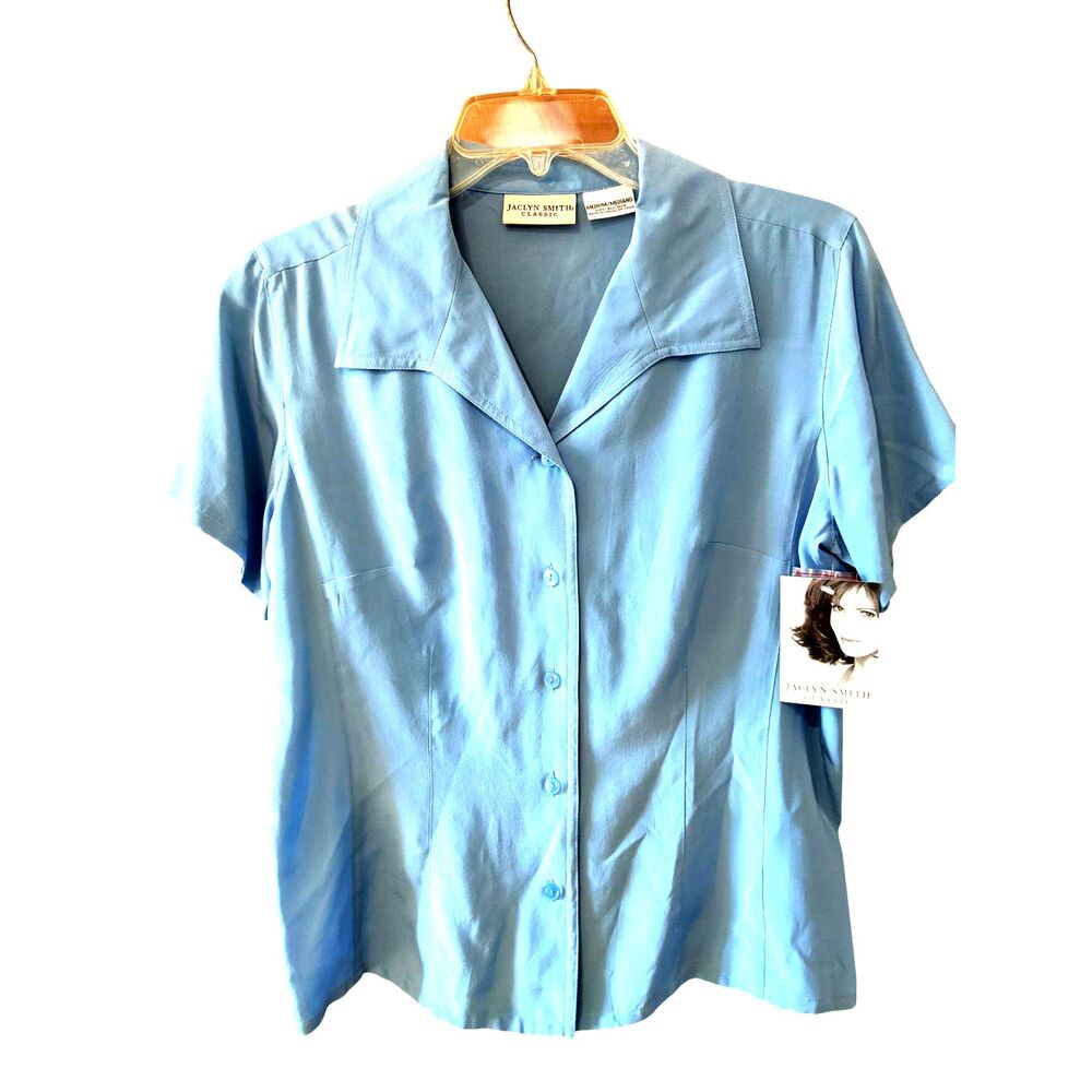 Vintage Blue Silk Blouse Button Up Shirt S/S Grandmacore Preppy NWT Sz M Y2K
